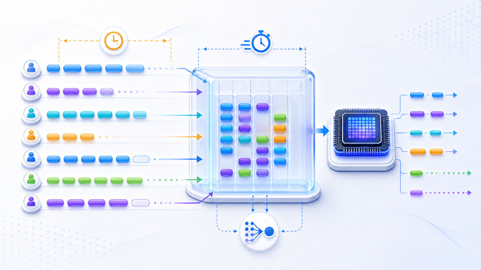 Many user requests are continuously batched onto GPUs while the system balances throughput, waiting time, and GPU memory use