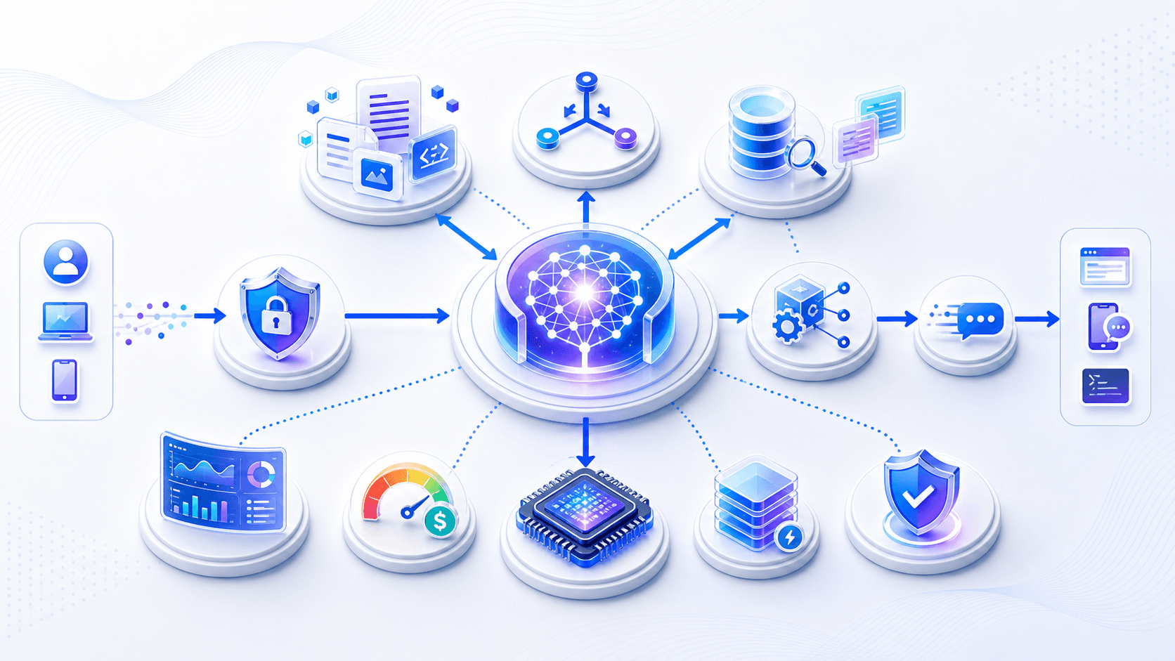 An LLM deployment system contains a gateway, context assembly, model routing, inference service, cache, RAG, tools, safety, and monitoring