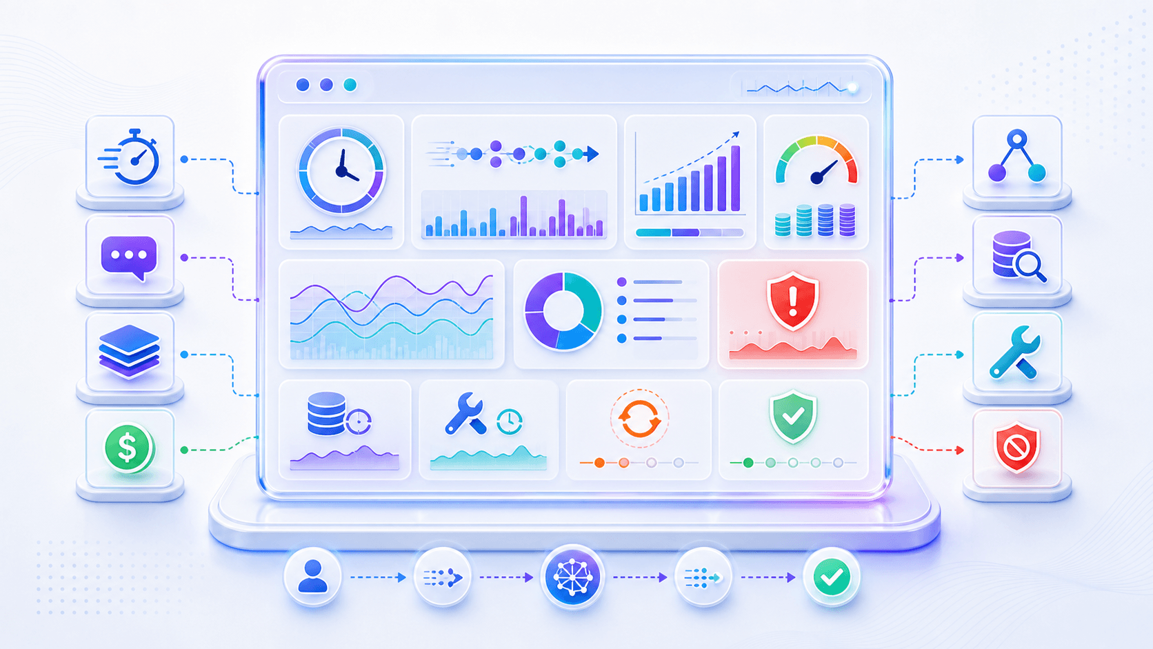 TTFT, tokens per second, P95 latency, cost, error rate, context length, and tool latency form an LLM observability dashboard