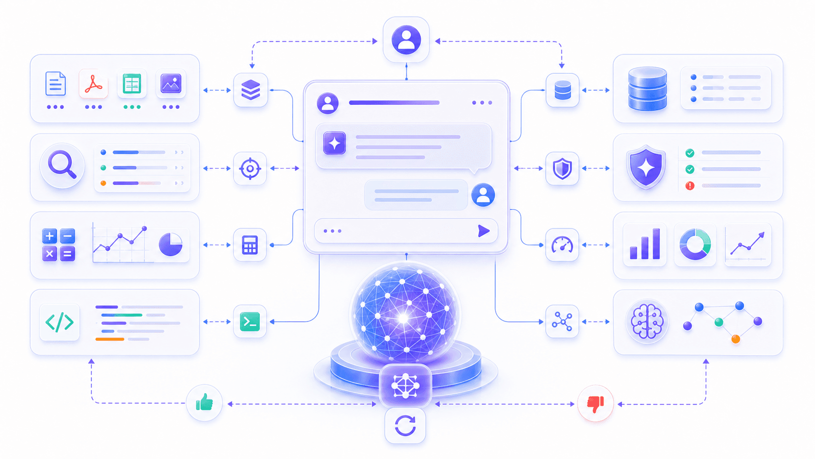An assistant interface connected to a base model, context documents, search, calculation, code, database tools, safety policy, and a user feedback loop