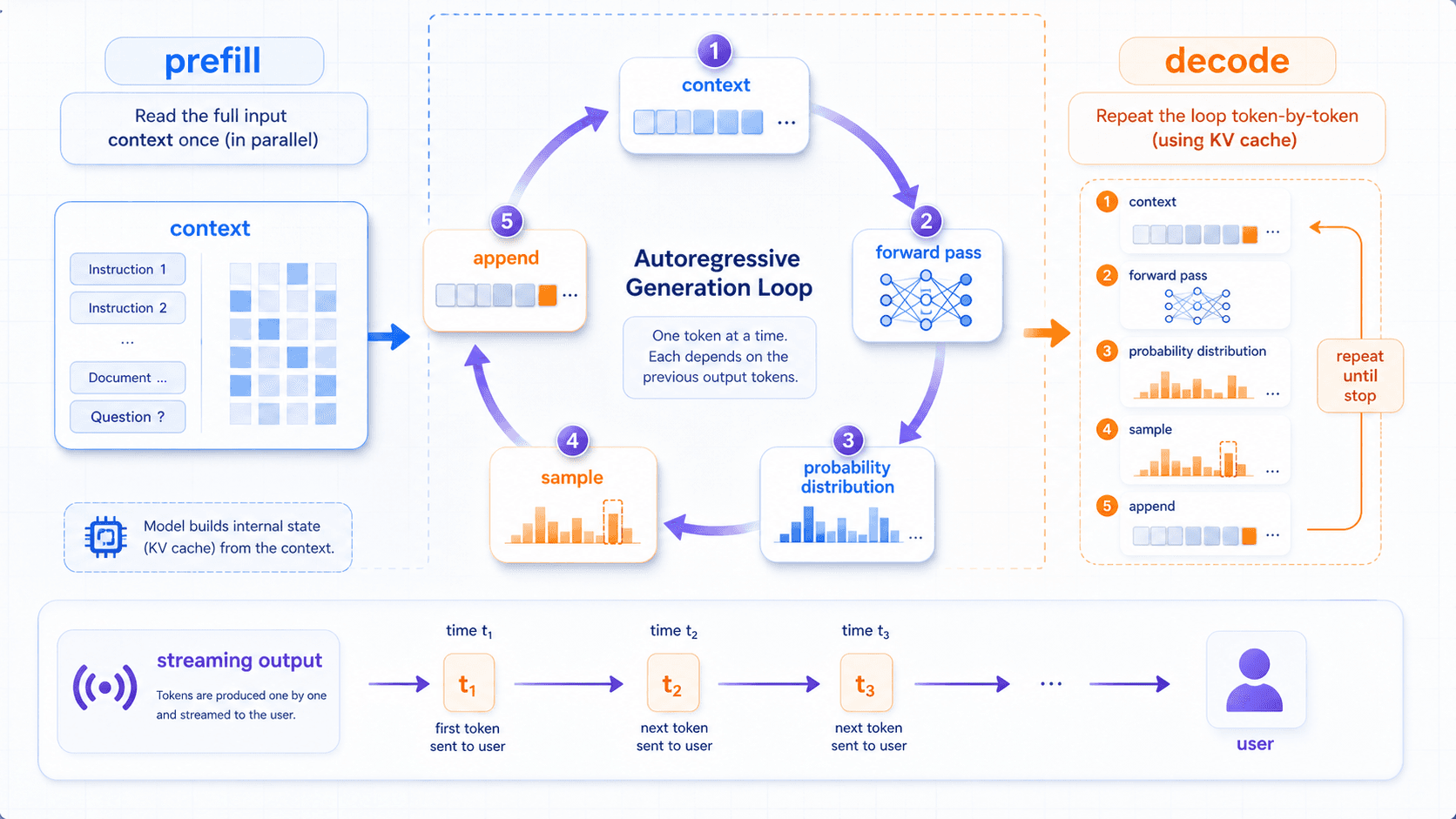 In the autoregressive generation loop, the model repeatedly moves through context, forward pass, probability distribution, sampling, and token appending