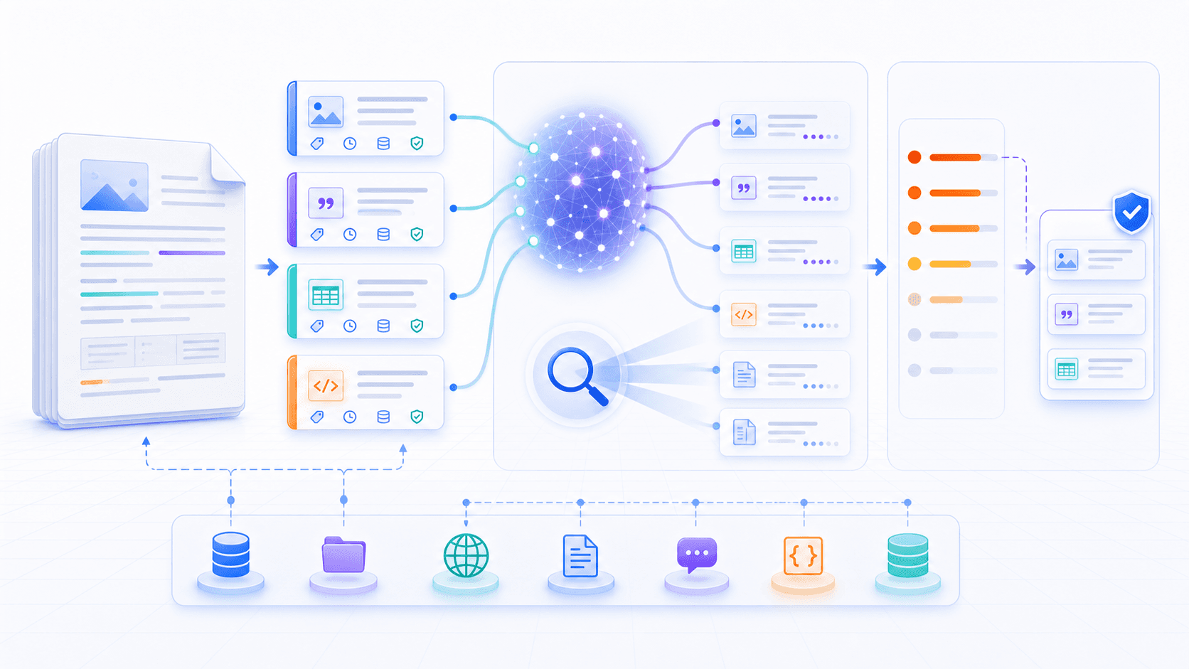 Documents are split into metadata-rich knowledge chunks, retrieved by keyword and vector search, reranked, and assembled into context