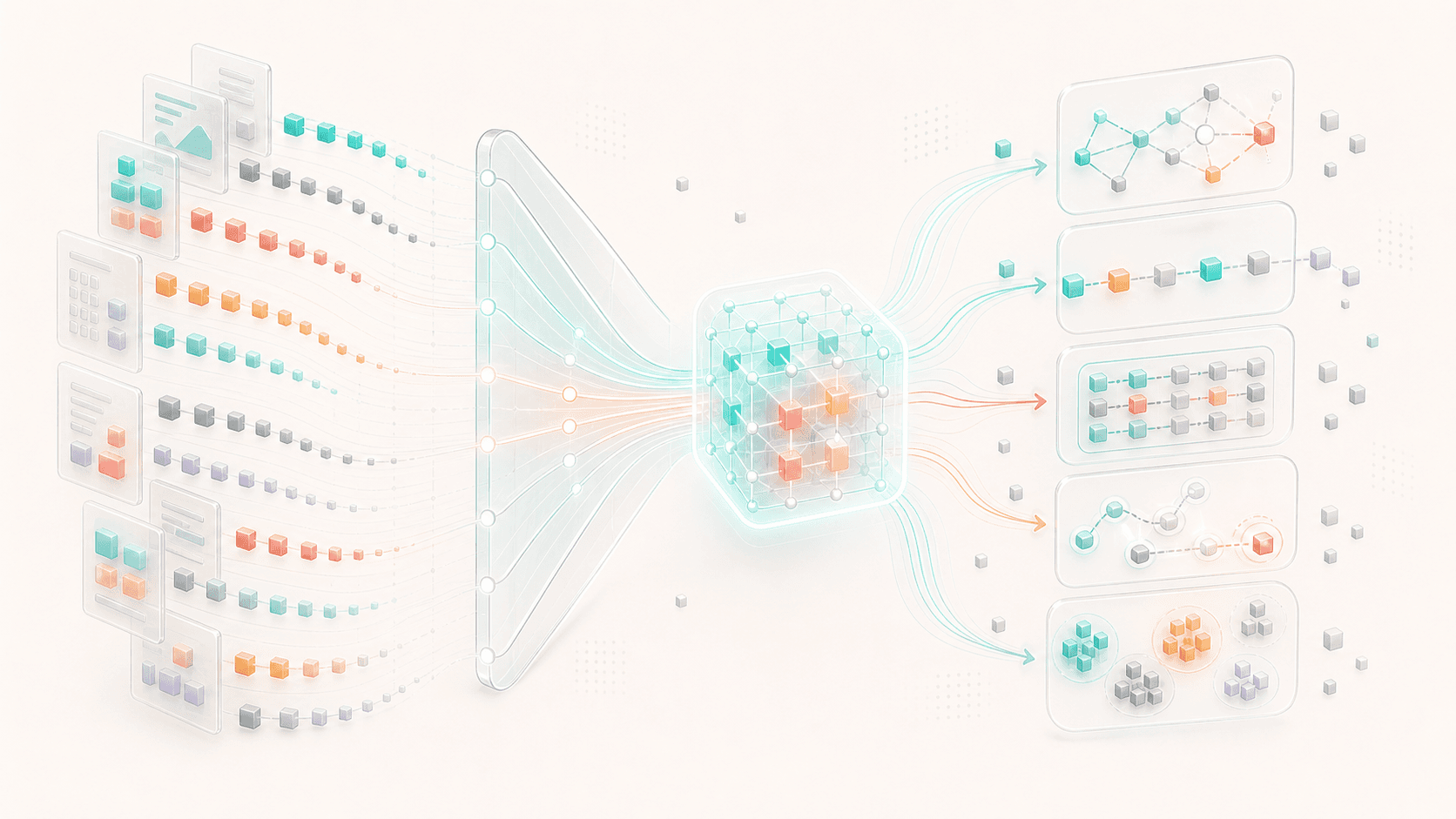 Many text examples pass through a compression layer into a compact parameter structure that unfolds into relation, sequence, code, and planning patterns