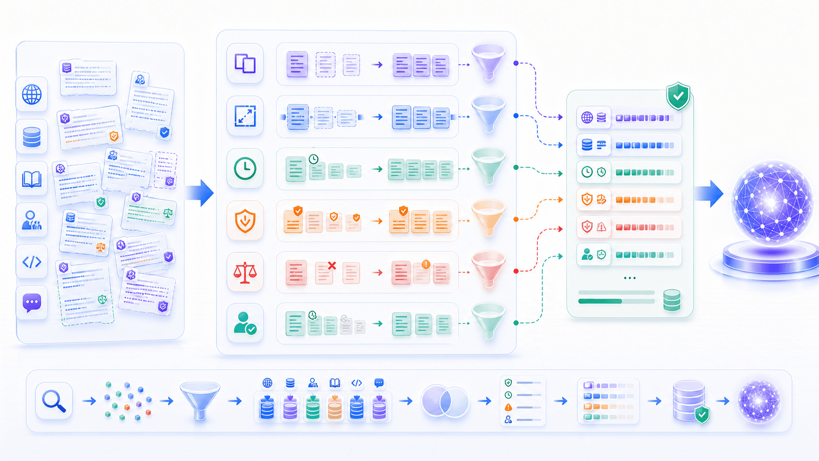 Retrieved chunks are deduplicated, completed, ordered, conflict-marked, and permission-filtered into a clean context packet
