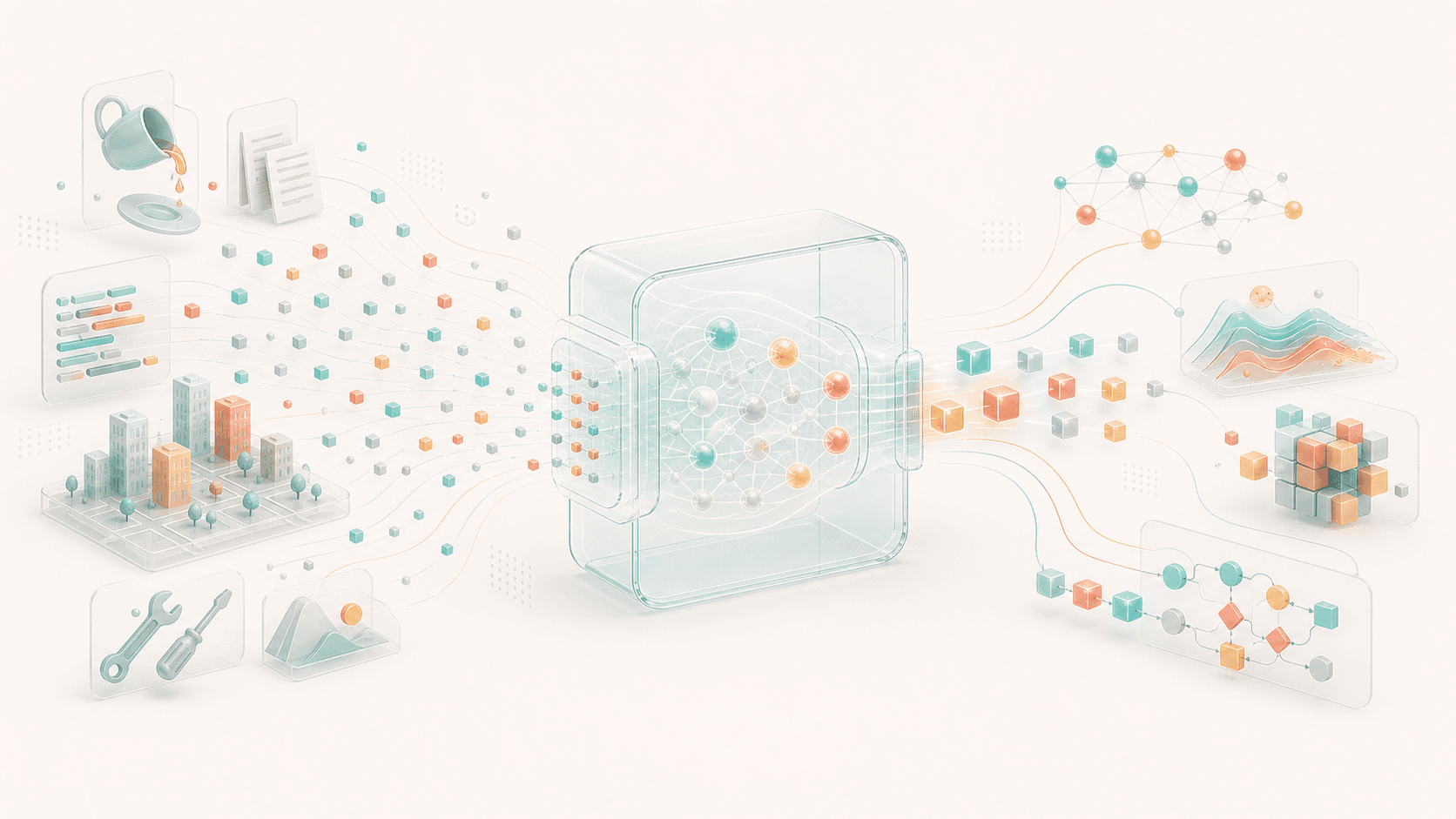 Real-world activity leaving textual traces, compressed through language into a model, then unfolding into knowledge, relations, and planning structures
