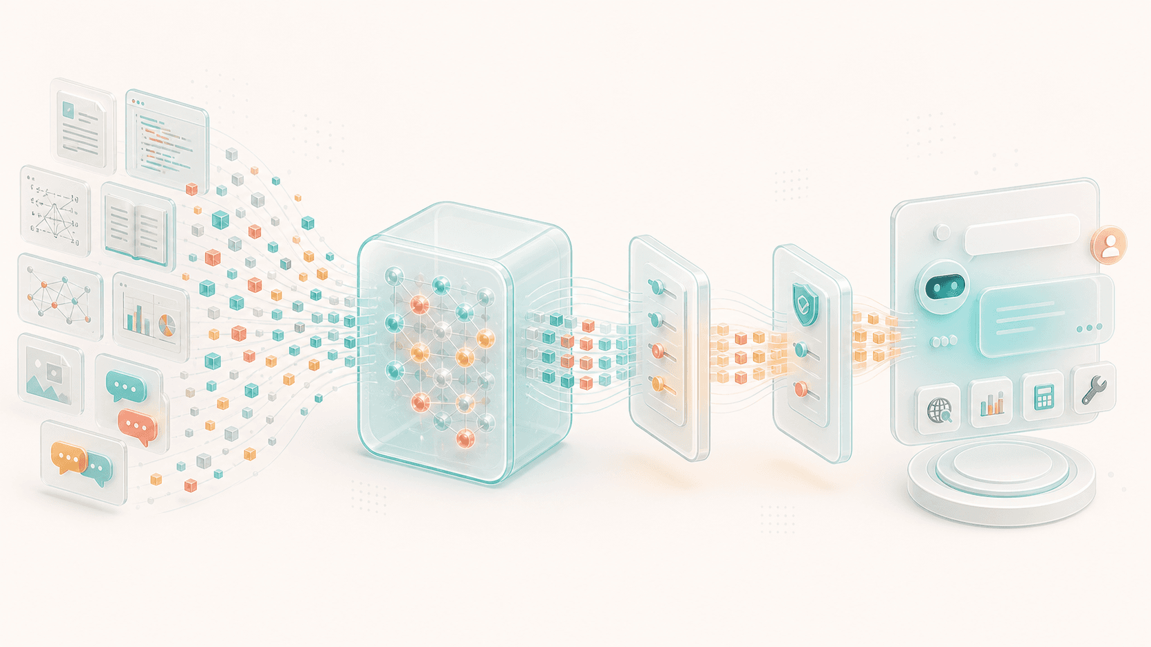 文档、代码和对话 token 流经过预训练、微调和对齐模块后,变成助手界面的封面图