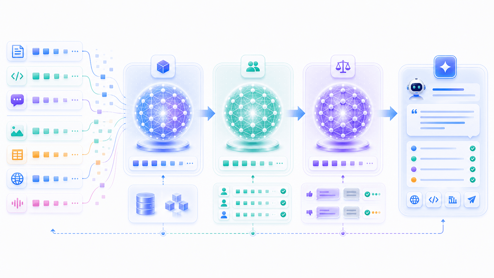 Documents, code, and conversation token streams passing through pretraining, fine-tuning, and alignment modules before becoming an assistant interface