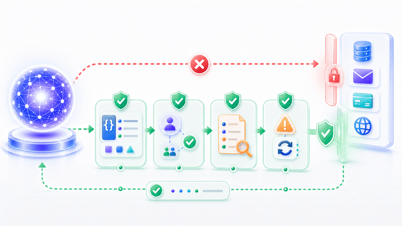 A model's direct action path is blocked until the request passes through interface, permission, audit, and failure-handling control gates
