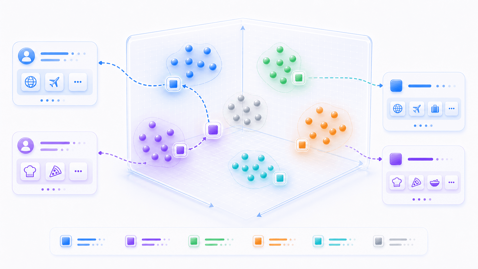 高维向量空间中相似 token 聚成不同簇,同一个 token 沿上下文轨迹移动到不同语义位置的示意图