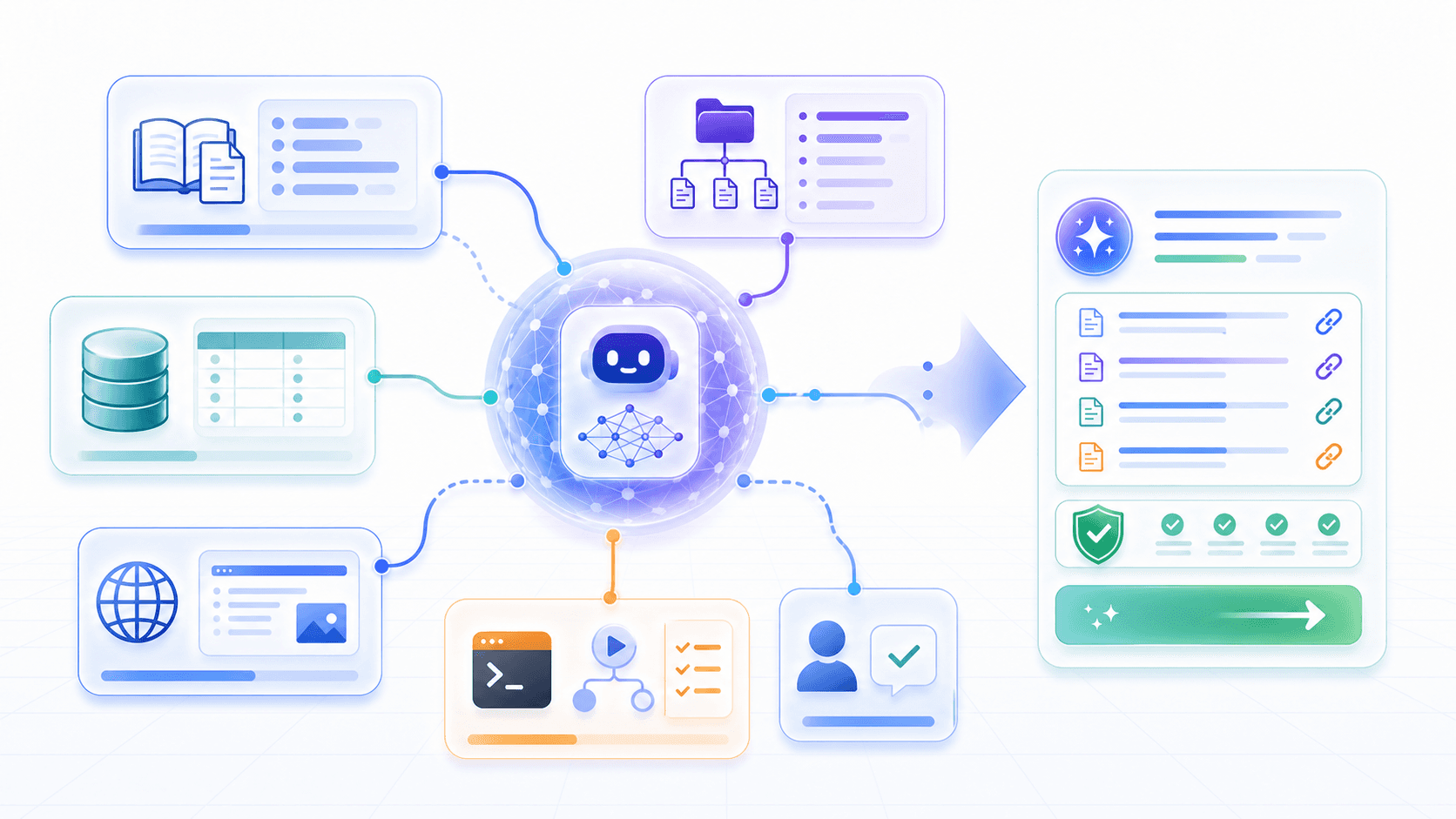 A complete AI product grounding stack connects the model to RAG, workspace search, databases, web documents, code execution, and human confirmation