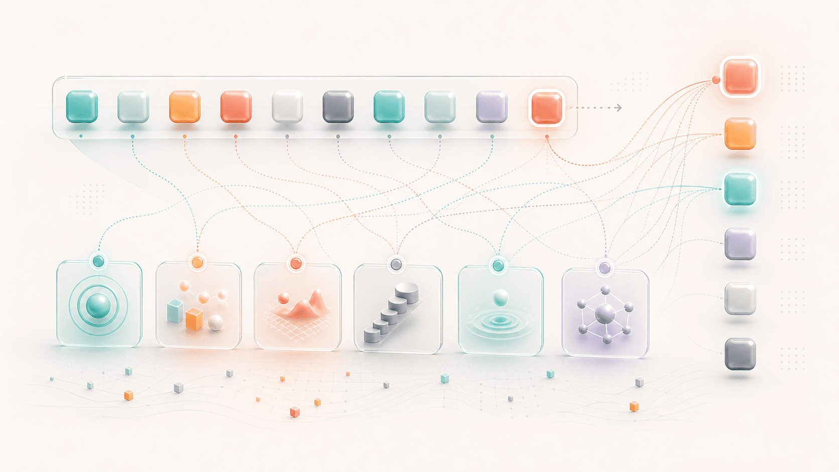 A visible token sequence connected to hidden variables such as goals, environment, object use, and consequences that shape candidate next tokens