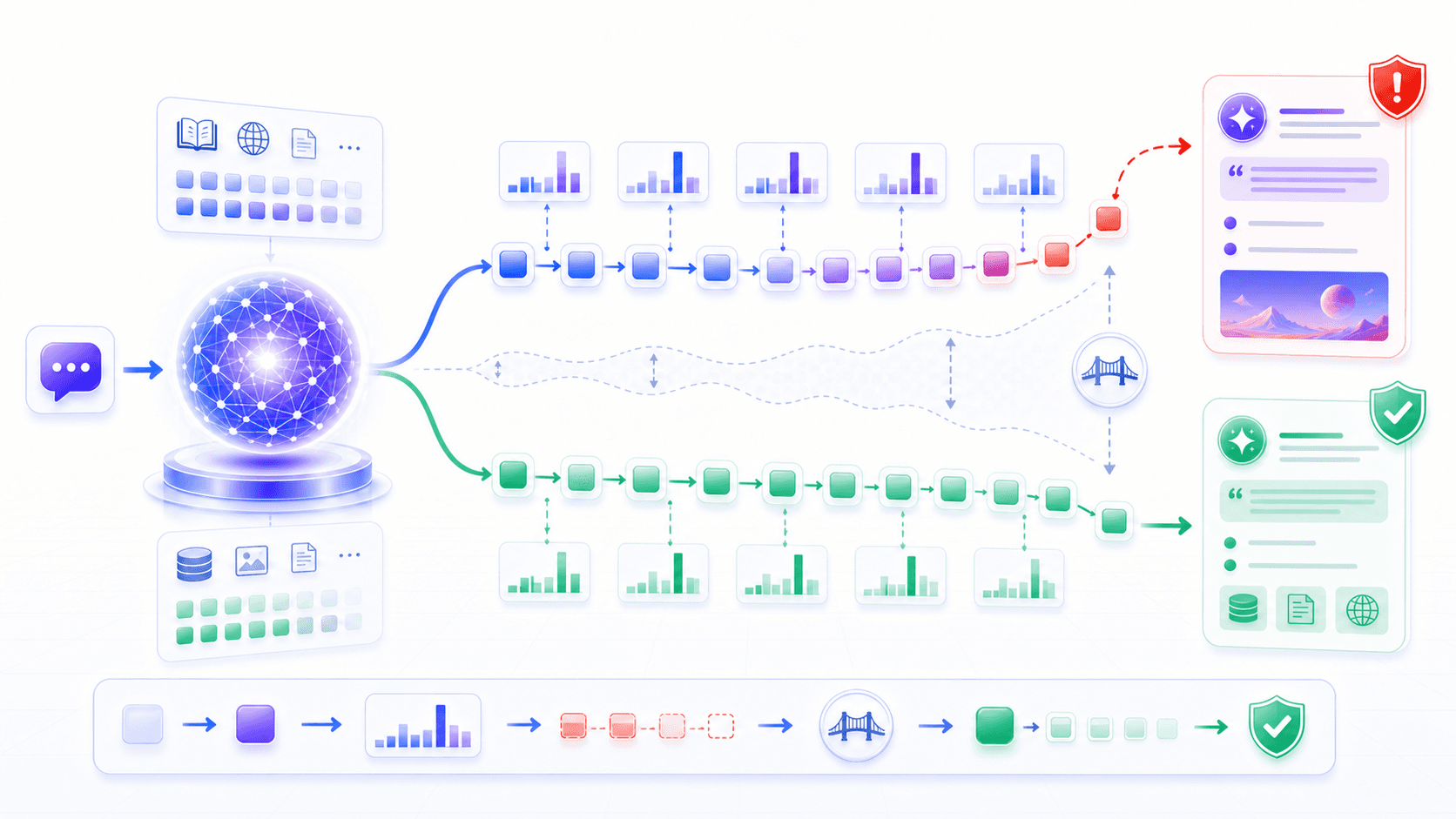 A locally high-probability token path gradually diverges from an externally verified fact path, creating hallucination risk