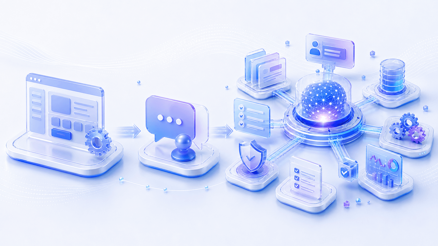 传统软件界面、普通聊天框和 AI Native 任务系统之间差异的示意图