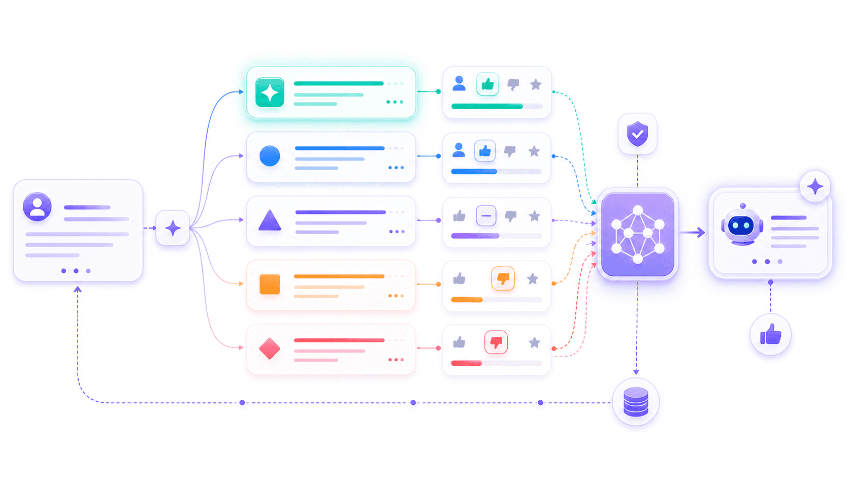 A user request branching into multiple candidate responses that are scored, ranked, calibrated for safety, and fed back into the model