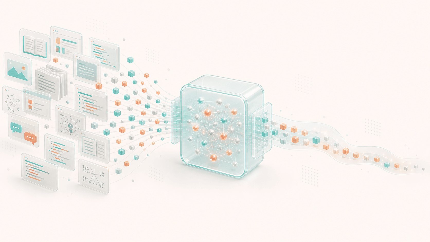 大量网页、书籍、代码和对话样本变成 token 流进入神经网络,并输出续写 token 的预训练示意图