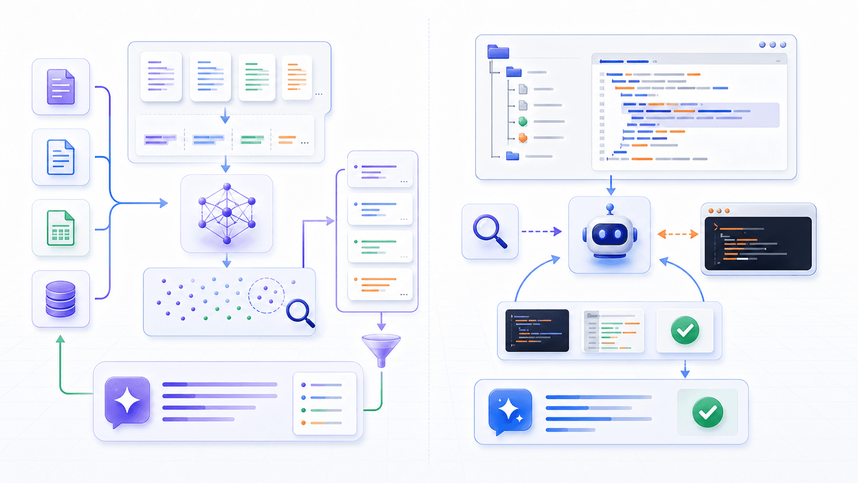 RAG uses a prepared knowledge index, while grep-style tool search explores a live code workspace and verifies results