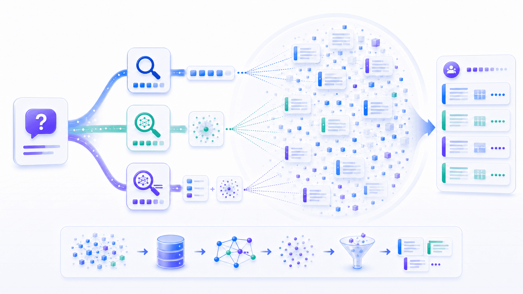 A user question uses keyword, vector, and hybrid retrieval paths to recall candidate evidence chunks from a knowledge base