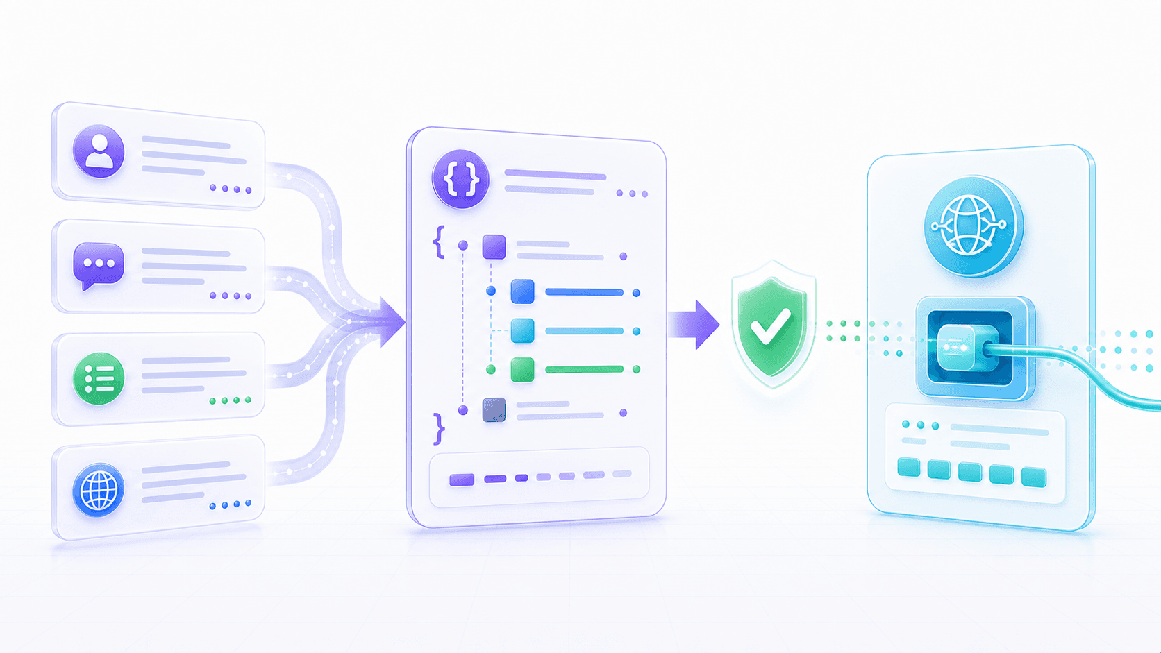Natural-language intent is compressed into a structured tool schema, validated, and connected to an external API