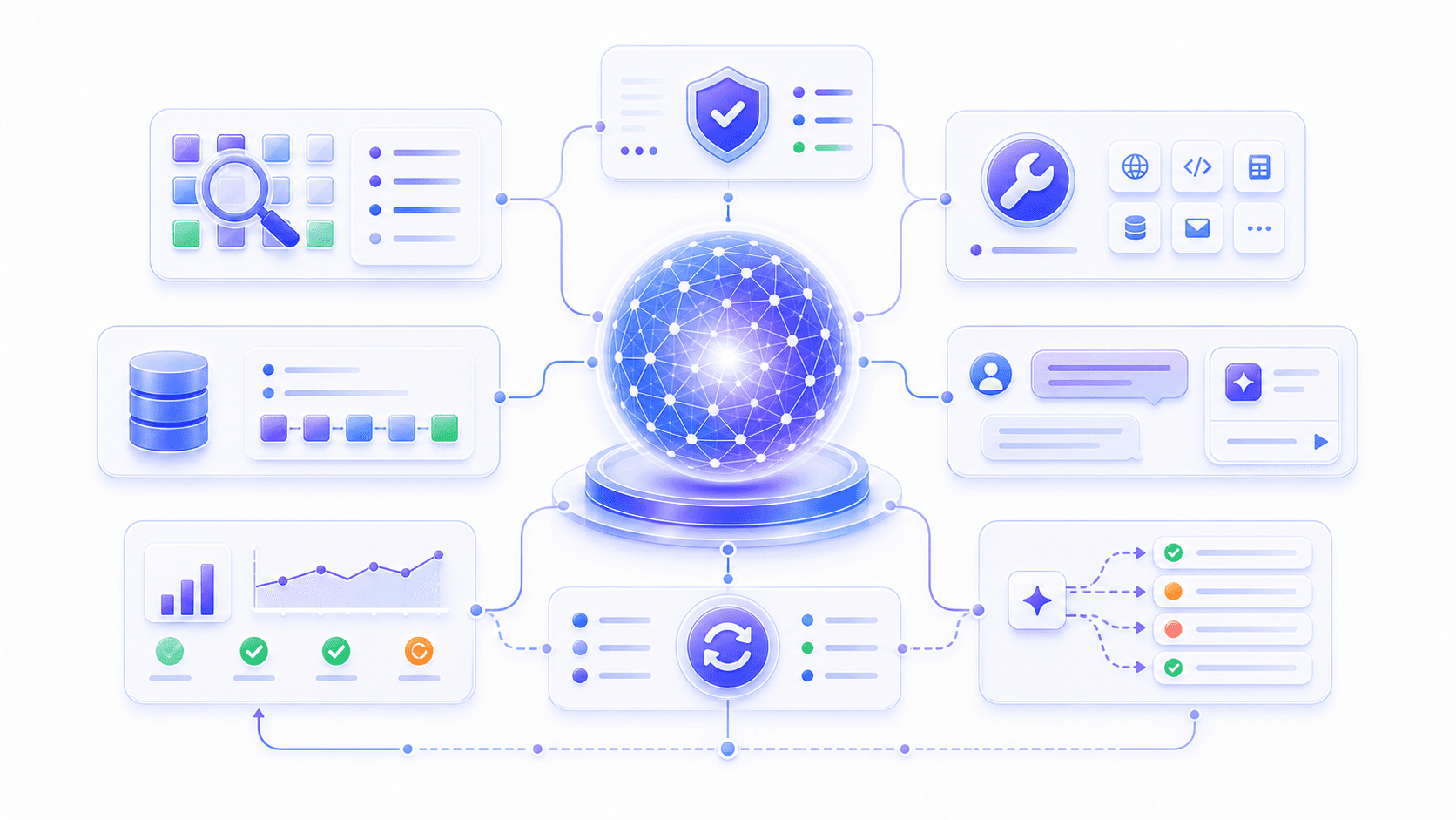 A modern AI product system composed of a model, retrieval, tools, safety boundaries, interface, and feedback loop