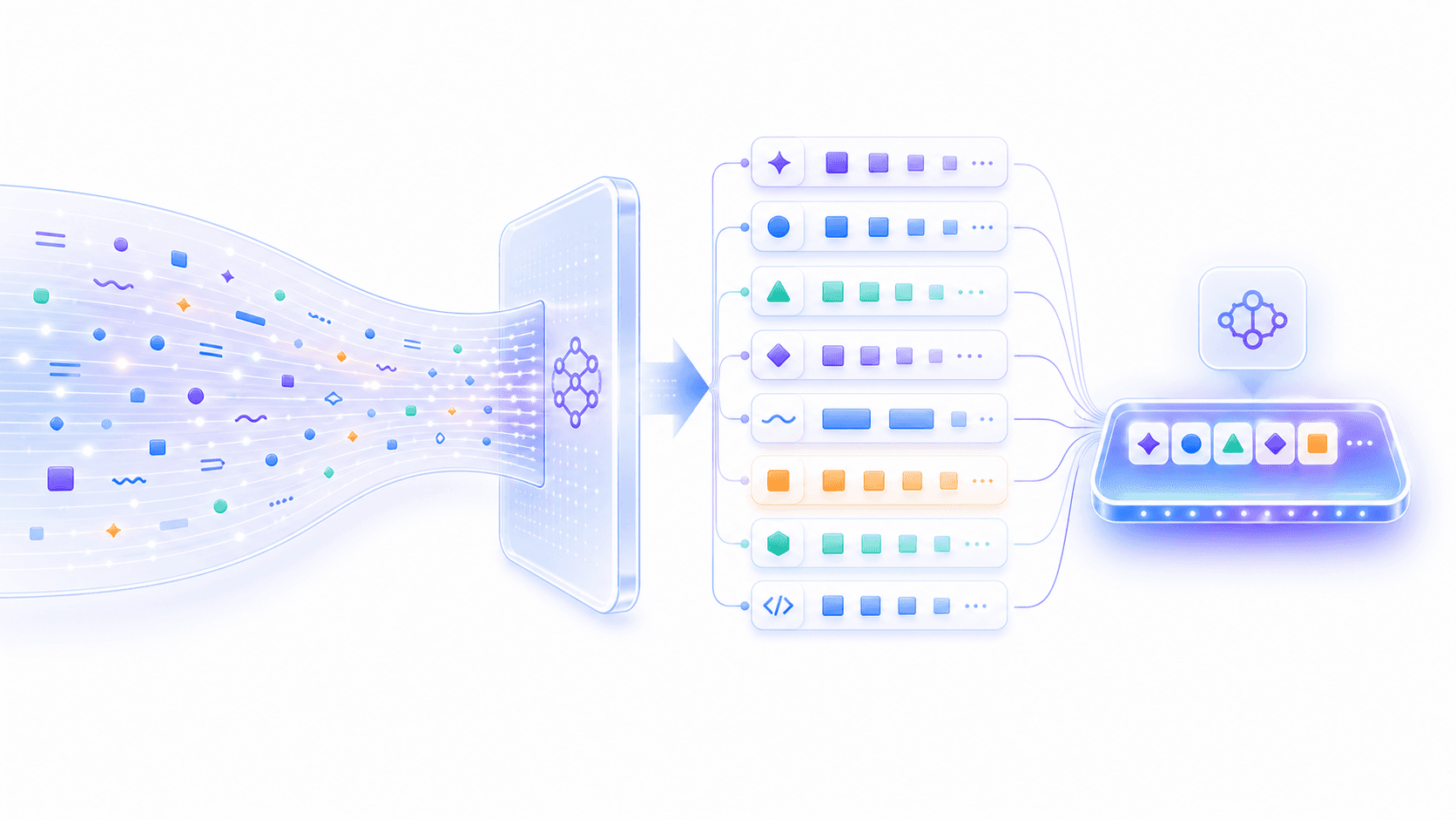 一条连续的抽象文本流被 tokenizer 切分成不同宽度 token 卡片的示意图