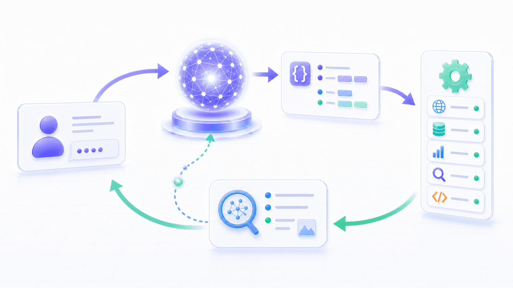 A user request passes through model understanding, structured tool call, external execution, returned observation, and continued generation