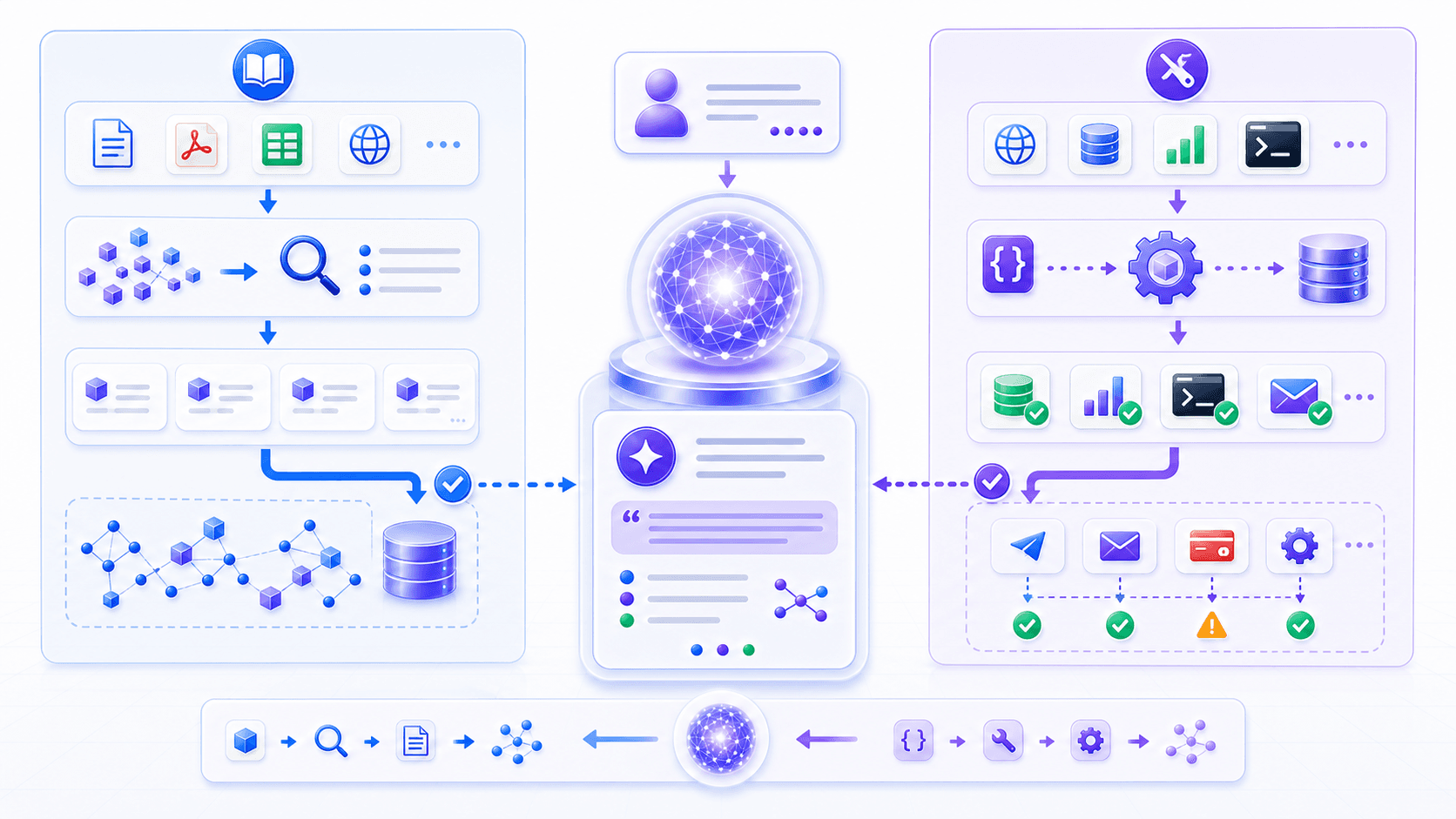 RAG retrieves evidence from documents, while Tool Use reads live systems or executes actions through APIs, and both enter model context