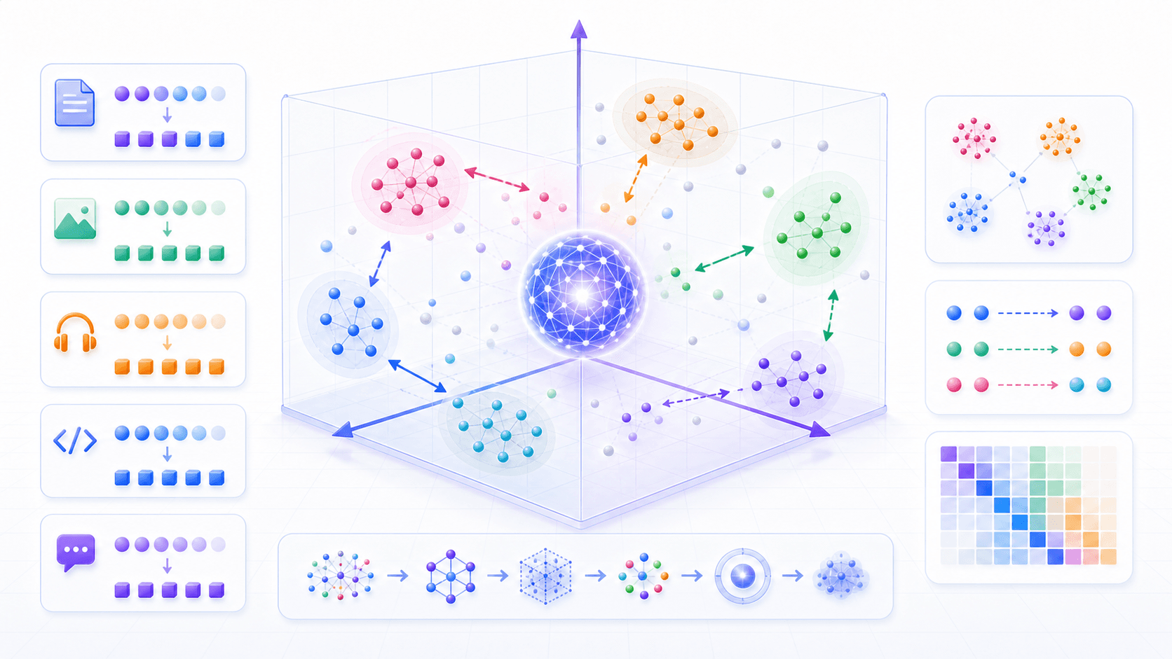 高维向量空间中 token 通过相对位置、聚类和方向关系表达语义的示意图