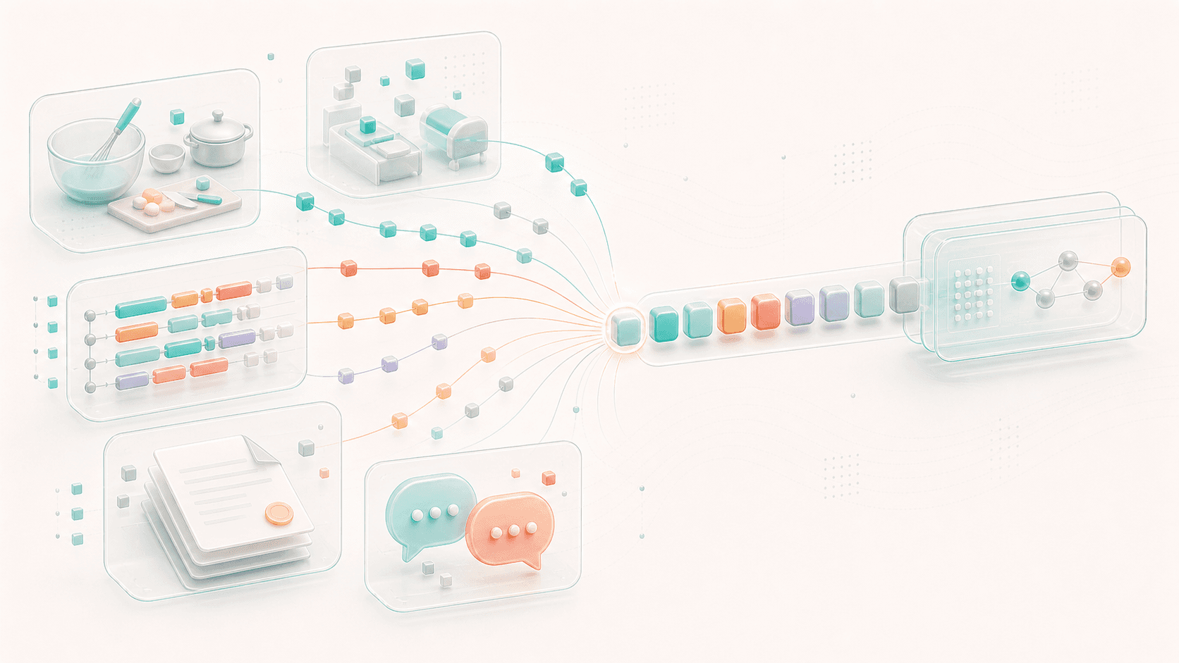 Cooking, code, documents, and conversations compressed into token streams that flow into a model