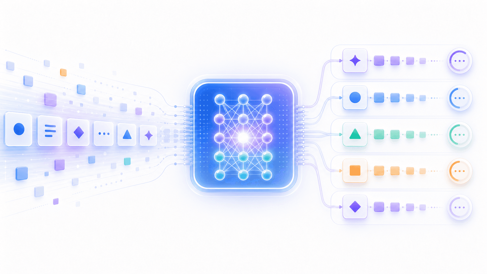 Abstract token tiles flowing through a neural network and branching into candidate next tokens