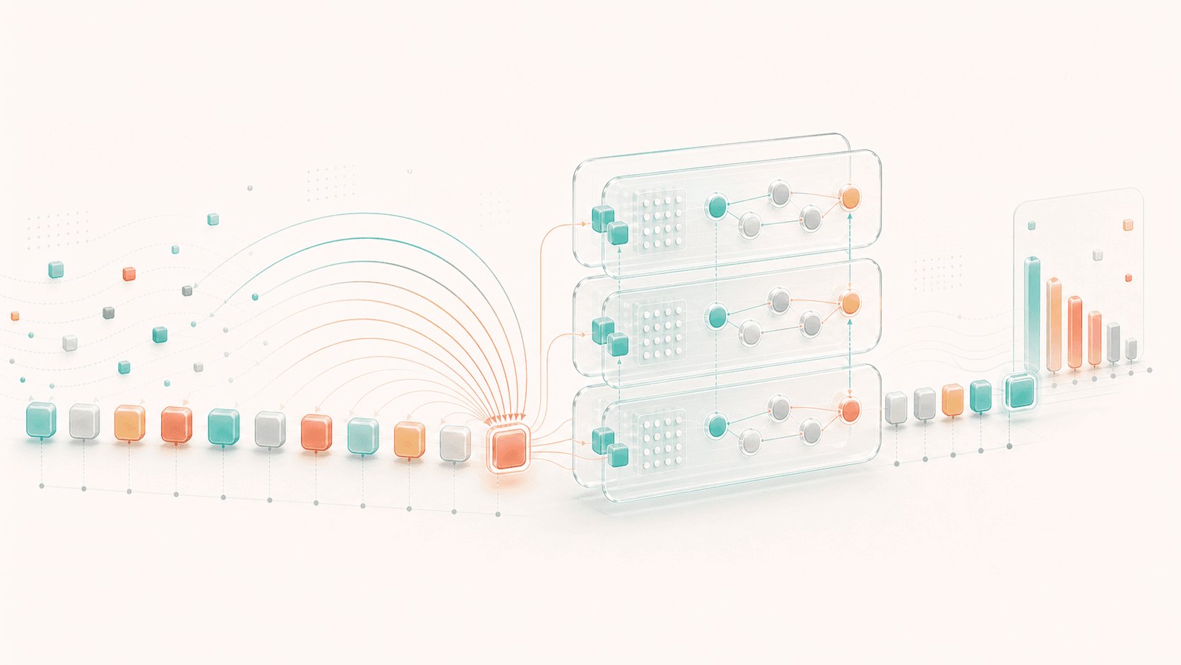 Abstract token sequence entering layered Transformer blocks, using attention connections to generate next-token probabilities